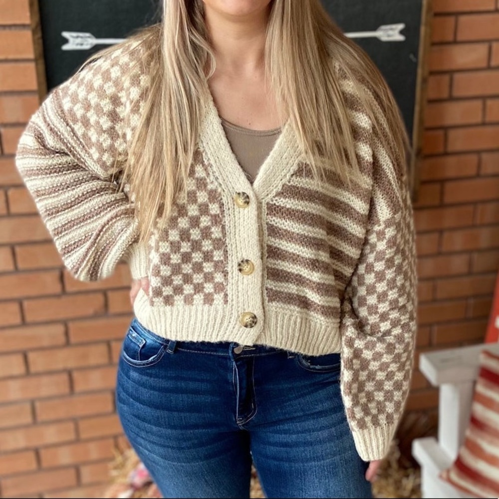 Cropped Checkered/Striped Cardigan